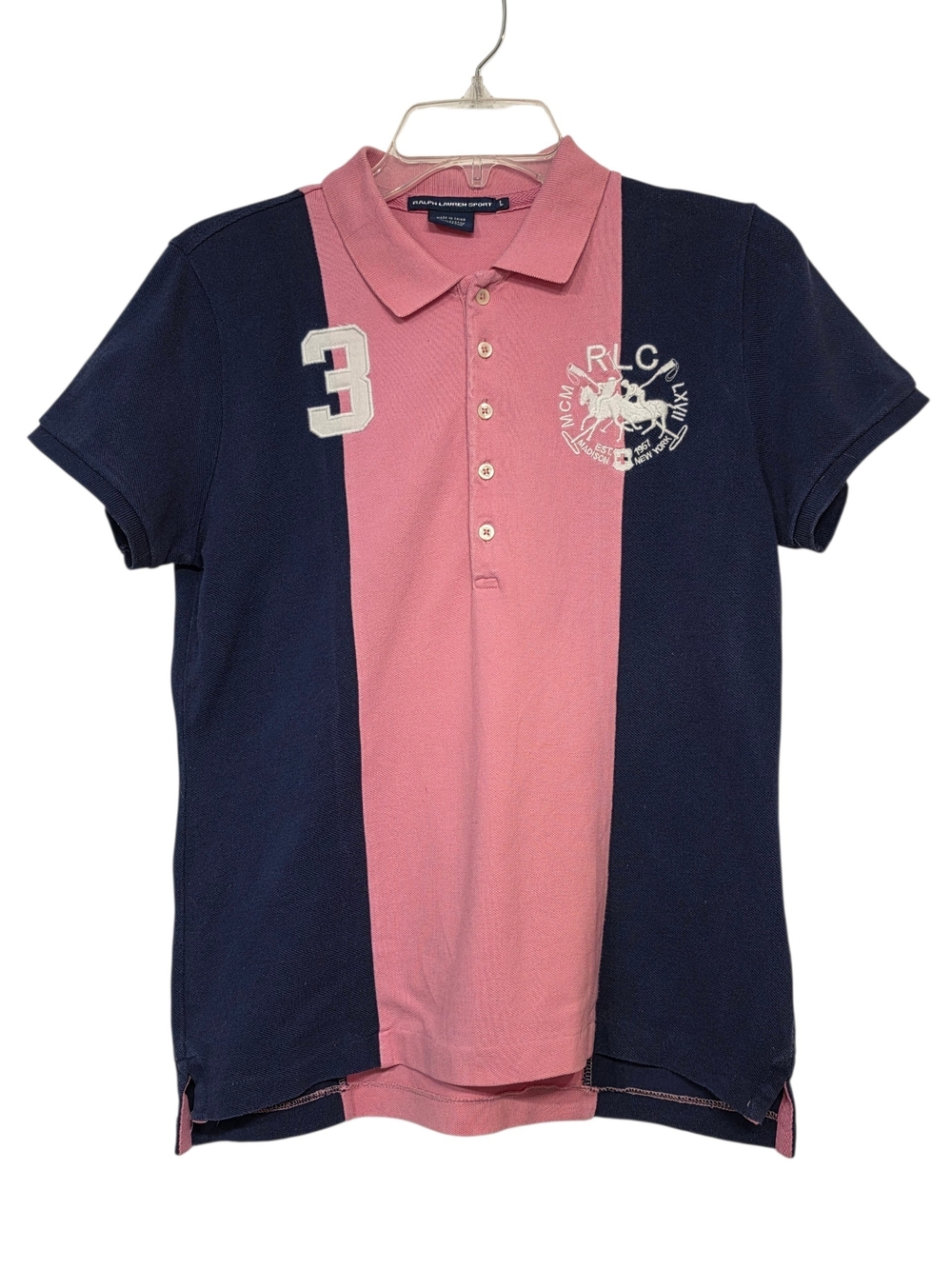Ralph Lauren Embroidered Crest Pink & Navy Colorblock Polo Shirt Size Large 90s